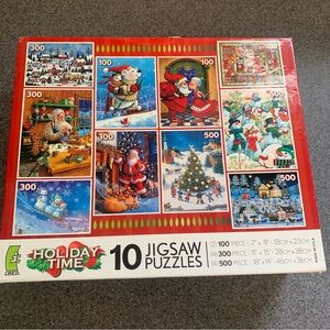 HOLIDAY TIME ten jigsaw puzzles Christmas gift box Santa NWT Jane Wooster Scott